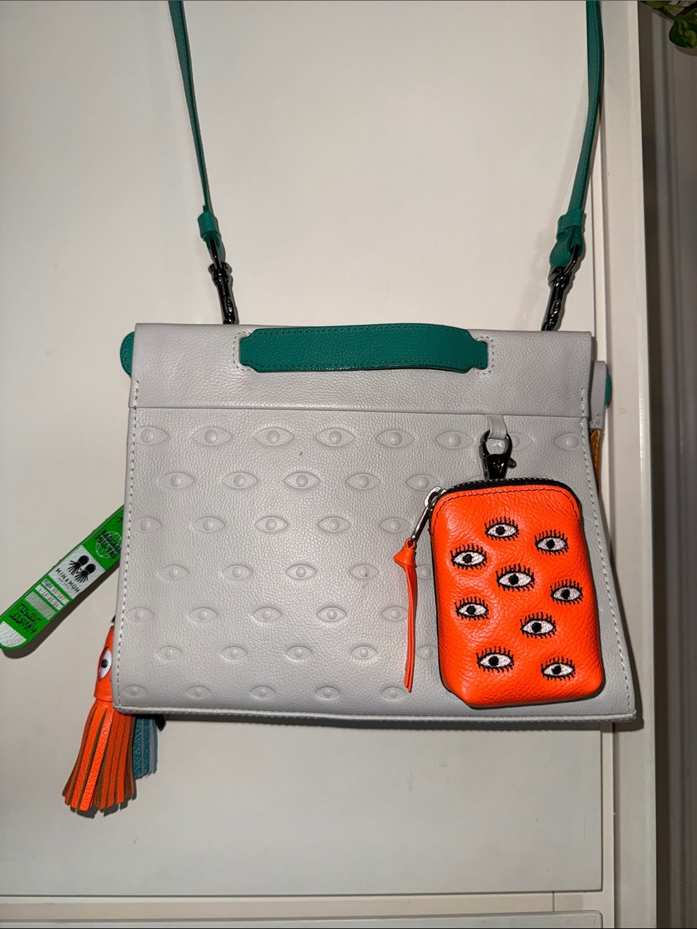 White Leather Crossbody Bag with Orange Eye Pouch